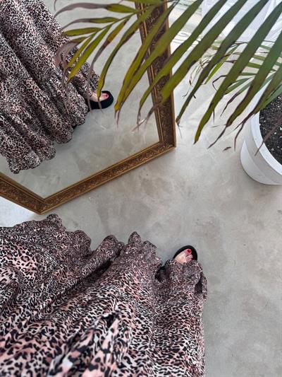 İpek Saten Askılı Tasarım Elbise Leopar