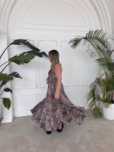 İpek Saten Askılı Tasarım Elbise Leopar