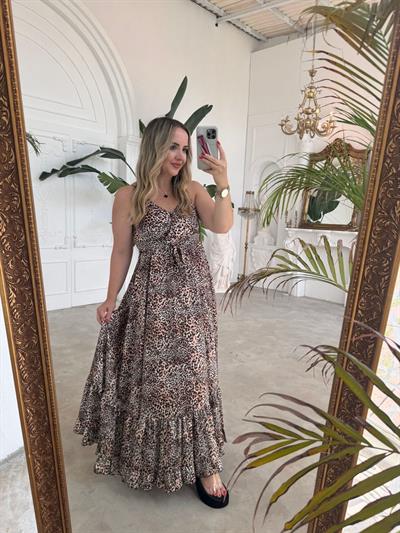 İpek Saten Askılı Tasarım Elbise Leopar