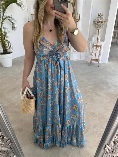 İpek Saten Askılı Tasarım Elbise Mavi