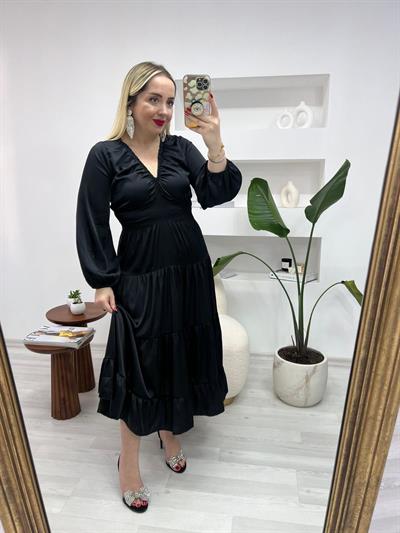 İpek Saten Beli Lastikli Siyah Elbise
