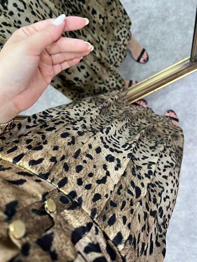 İpek Saten Leopar Desenli Tasarım Elbise