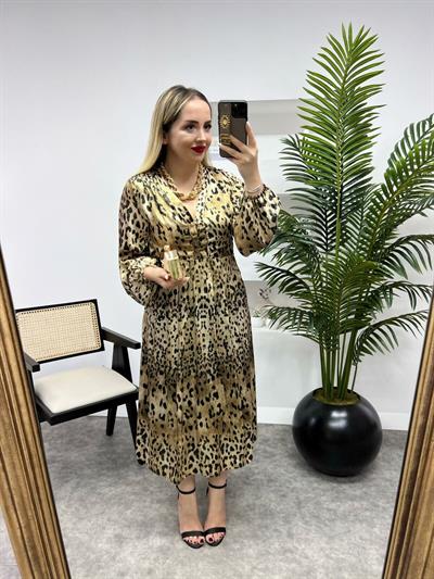 İpek Saten Leopar Desenli Tasarım Elbise
