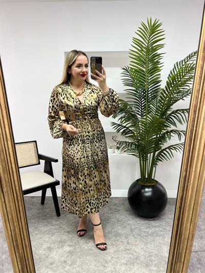 İpek Saten Leopar Desenli Tasarım Elbise