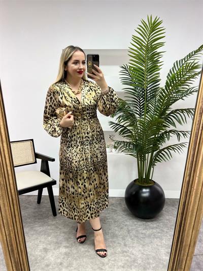 İpek Saten Leopar Desenli Tasarım Elbise