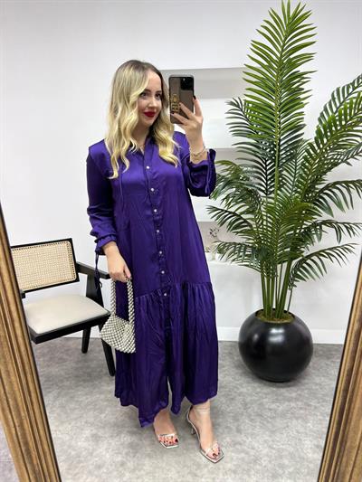 İpek Saten Önden Düğmeli Orj Marka Elbise Mor
