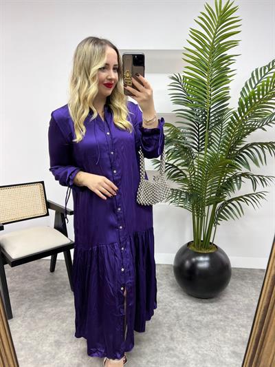 İpek Saten Önden Düğmeli Orj Marka Elbise Mor