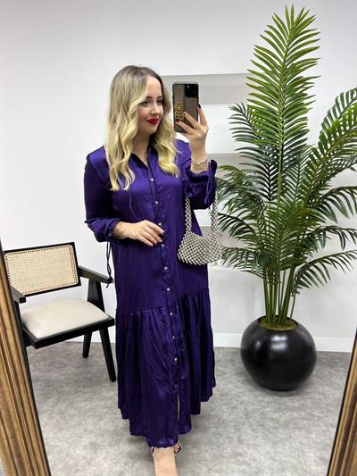 İpek Saten Önden Düğmeli Orj Marka Elbise Mor