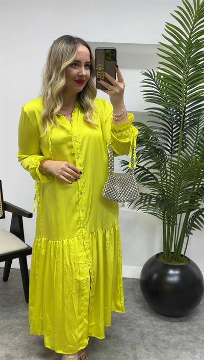 İpek Saten Önden Düğmeli Orj Marka Elbise Olive Sarı