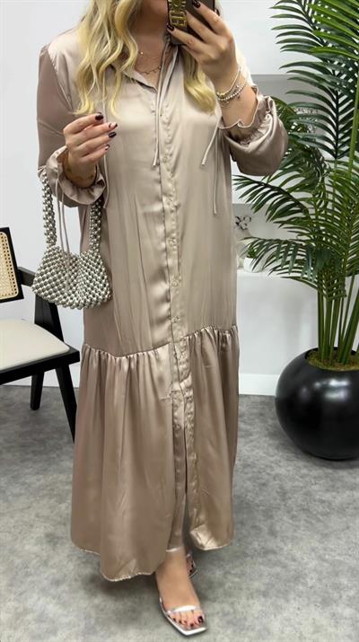 İpek Saten Önden Düğmeli Orj Marka Elbise Vizon