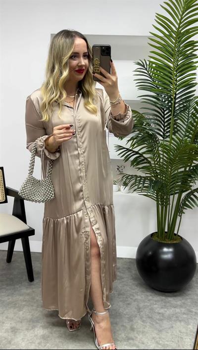 İpek Saten Önden Düğmeli Orj Marka Elbise Vizon