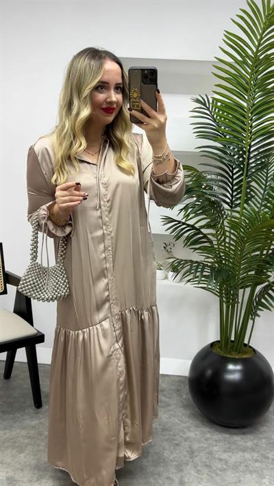 İpek Saten Önden Düğmeli Orj Marka Elbise Vizon