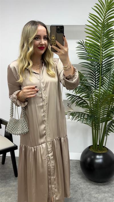 İpek Saten Önden Düğmeli Orj Marka Elbise Vizon