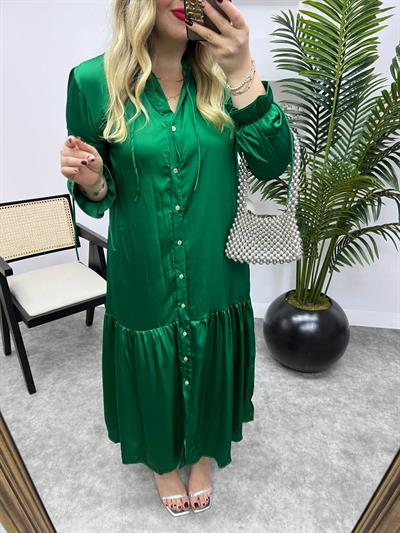 İpek Saten Önden Düğmeli Orj Marka  Elbise Yeşil