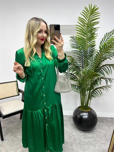 İpek Saten Önden Düğmeli Orj Marka  Elbise Yeşil