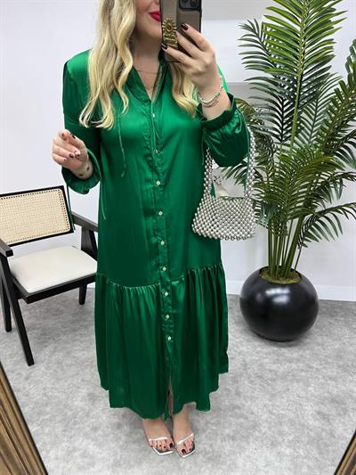 İpek Saten Önden Düğmeli Orj Marka  Elbise Yeşil