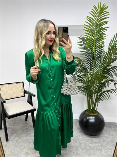 İpek Saten Önden Düğmeli Orj Marka  Elbise Yeşil