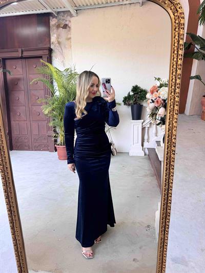 İsabel Gül Detaylı Drapeli Tasarım Kadife Elbise Lacivert