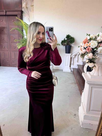 İsabel Gül Detaylı Drapeli Tasarım Kadife Elbise Bordo