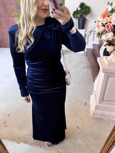 İsabel Gül Detaylı Drapeli Tasarım Kadife Elbise Lacivert