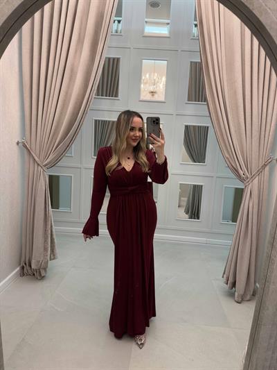 İspanyol Kol Vatkalı Dina Tasarım Elbise Bordo