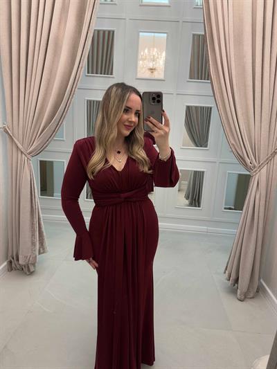 İspanyol Kol Vatkalı Dina Tasarım Elbise Bordo