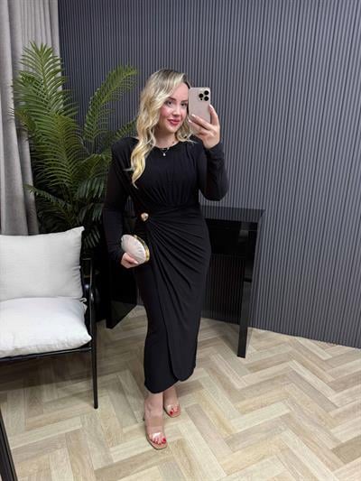 Jade Gold Düğme Detaylı Kruvaze Görünümlü Vatkalı Elbise Siyah