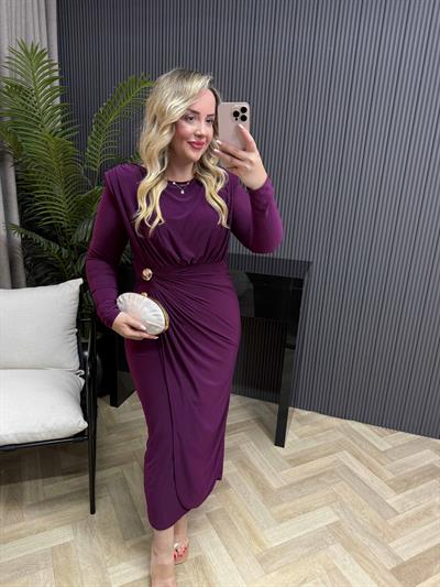 Jade Gold Düğme Detaylı Kruvaze Görünümlü Vatkalı Elbise Mor