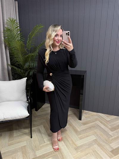 Jade Gold Düğme Detaylı Kruvaze Görünümlü Vatkalı Elbise Siyah