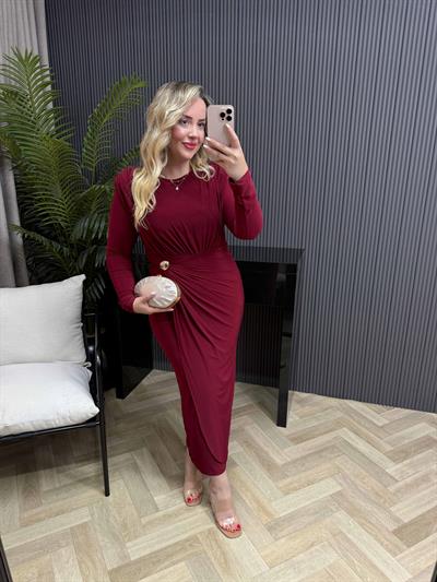 Jade Gold Düğme Detaylı Kruvaze Görünümlü Vatkalı Elbise Bordo