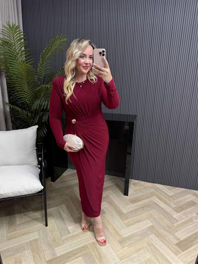 Jade Gold Düğme Detaylı Kruvaze Görünümlü Vatkalı Elbise Bordo