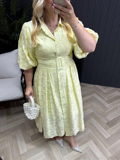 Jasmine Balon Kol Kuşaklı Tasarım Elbise Sarı