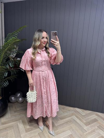 Jasmine Balon Kol Kuşaklı Tasarım Elbise Pembe