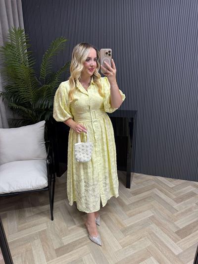 Jasmine Balon Kol Kuşaklı Tasarım Elbise Sarı