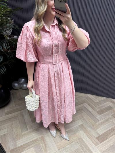 Jasmine Balon Kol Kuşaklı Tasarım Elbise Pembe