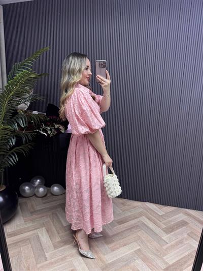 Jasmine Balon Kol Kuşaklı Tasarım Elbise Pembe
