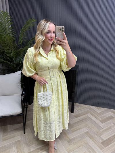 Jasmine Balon Kol Kuşaklı Tasarım Elbise Sarı