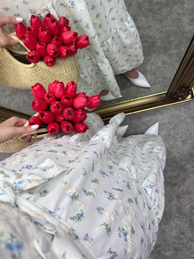 Jasmine Beyaz Balon Kol Mavi Çiçekli Elbise
