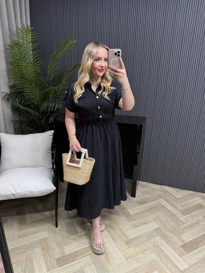 Julide Beli Lastikli Rahat Kalıp Elbise Siyah