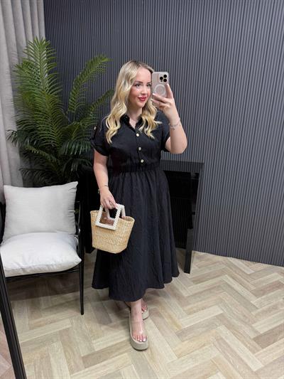 Julide Beli Lastikli Rahat Kalıp Elbise Siyah