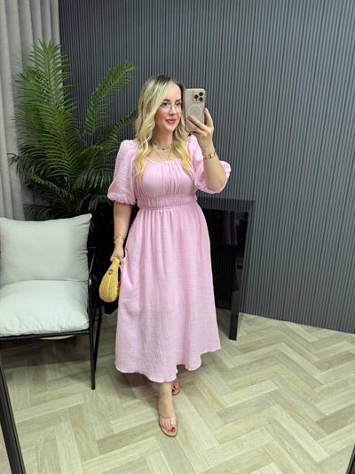 Juliet Beli Lastikli Müslin Kumaş Elbise Pembe
