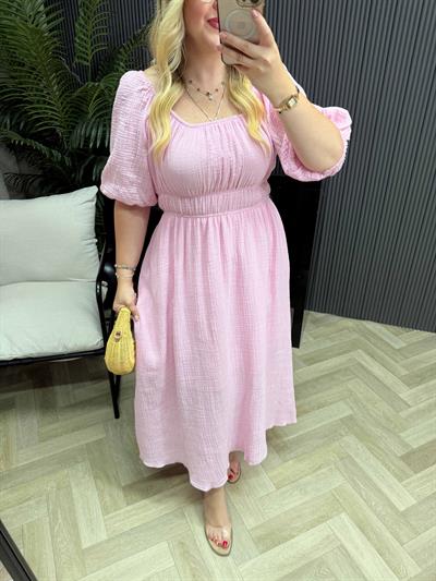 Juliet Beli Lastikli Müslin Kumaş Elbise Pembe