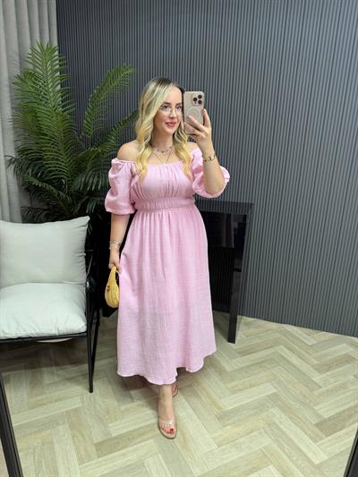 Juliet Beli Lastikli Müslin Kumaş Elbise Pembe