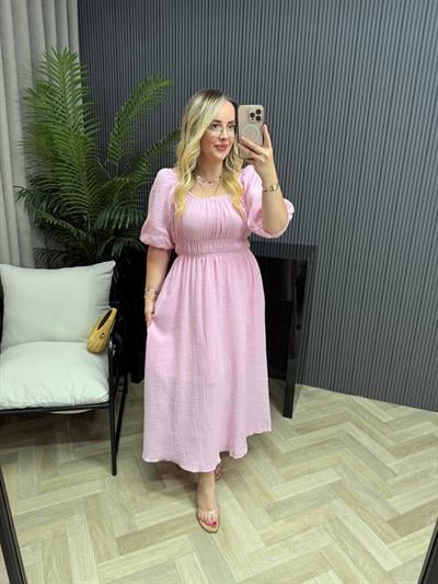 Juliet Beli Lastikli Müslin Kumaş Elbise Pembe