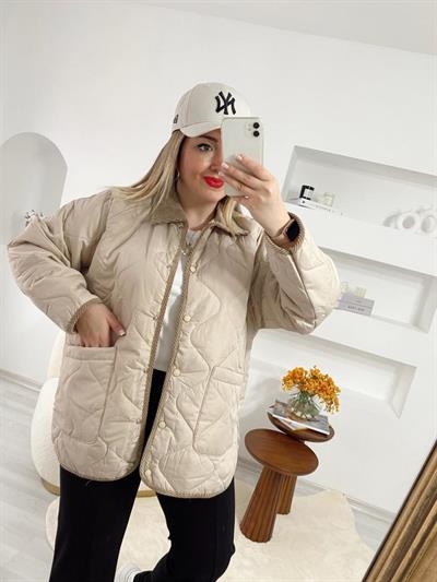 Kadife Detaylı Ekru Kapitone Ceket