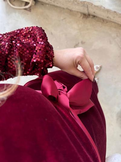 Kadife Kolları Payet Tasarım Kadife Bordo Elbise