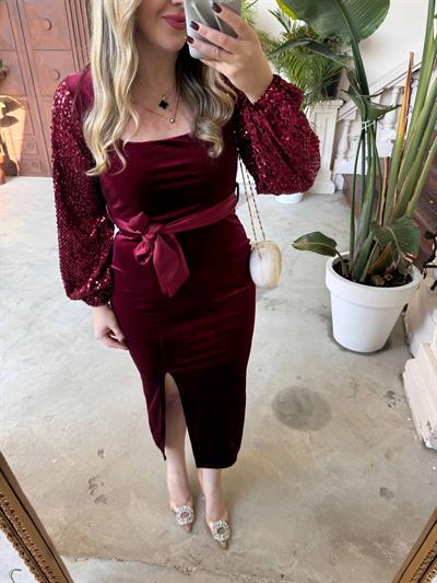 Kadife Kolları Payet Tasarım Kadife Bordo Elbise