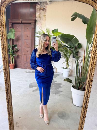 Kadife Kolları Payet Tasarım Kadife Saks Elbise