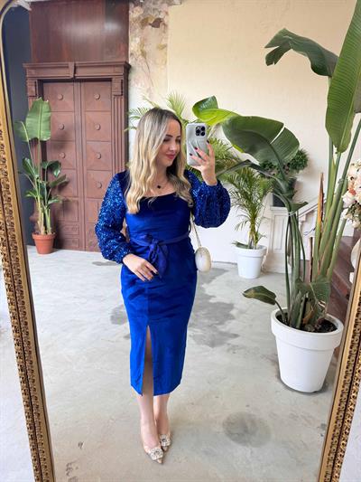 Kadife Kolları Payet Tasarım Kadife Saks Elbise