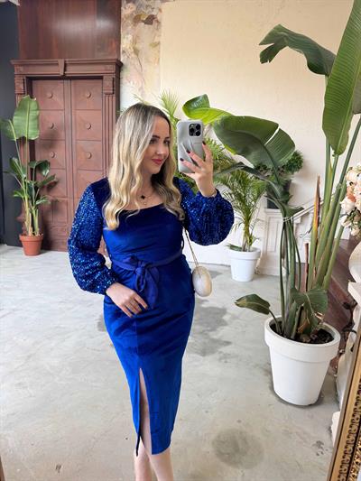 Kadife Kolları Payet Tasarım Kadife Saks Elbise